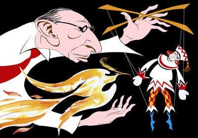 Igor Stravinsky - karikatyr av ryssen med en eldfågel och Petruskha från hans balett Eldfågeln 17 juni 1882 - 6 april 1971 av Neale Osborne